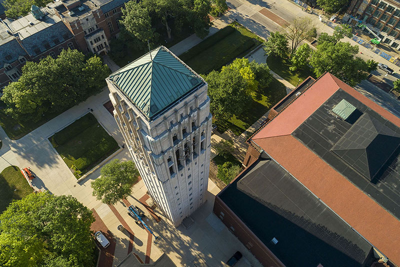 Drone Aerial photos across the Central Campus: Burton Memorial Tower, the Diag, Ingalls Mall.