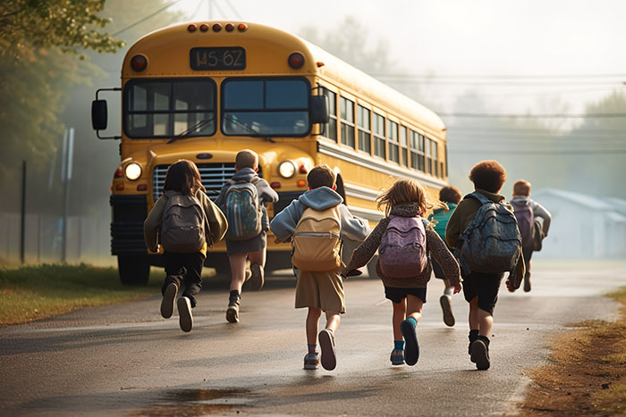 Children running back to yellow school bus